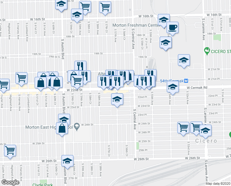 map of restaurants, bars, coffee shops, grocery stores, and more near 5702 West 22nd Place in Cicero