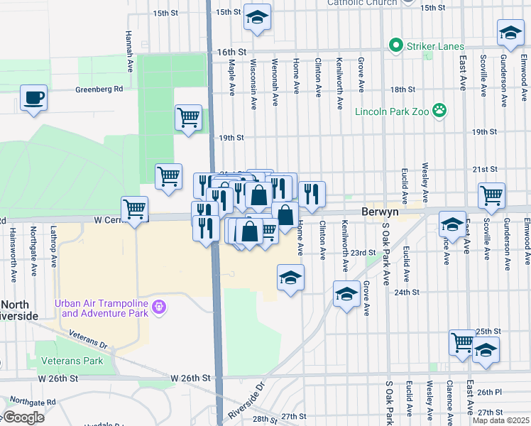 map of restaurants, bars, coffee shops, grocery stores, and more near 7113 Cermak Road in Berwyn