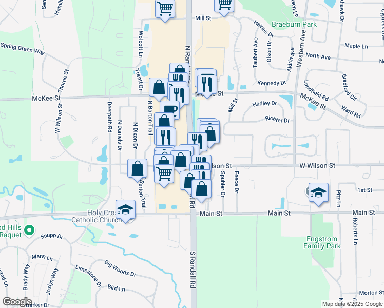 map of restaurants, bars, coffee shops, grocery stores, and more near 115 North Randall Road in Batavia