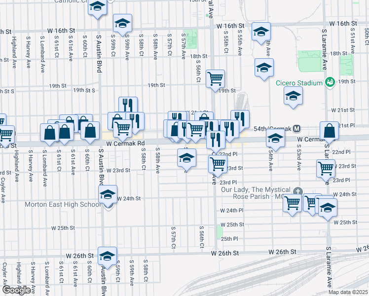 map of restaurants, bars, coffee shops, grocery stores, and more near 2208 South 57th Avenue in Cicero