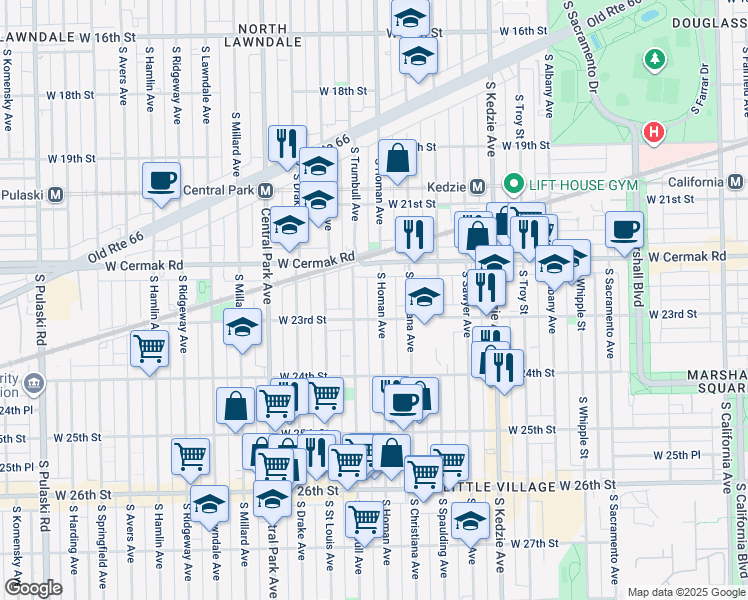 map of restaurants, bars, coffee shops, grocery stores, and more near 2259 South Trumbull Avenue in Chicago