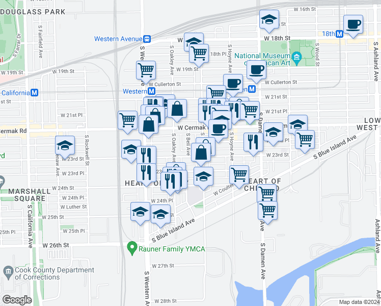 map of restaurants, bars, coffee shops, grocery stores, and more near 2224 West 23rd Street in Chicago