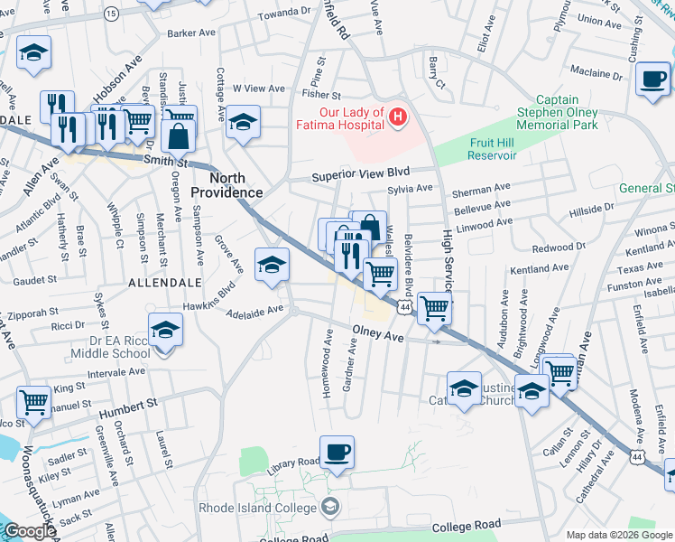 map of restaurants, bars, coffee shops, grocery stores, and more near 1538 Smith Street in North Providence