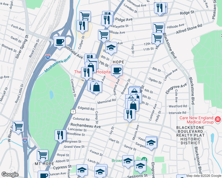 map of restaurants, bars, coffee shops, grocery stores, and more near 100 3rd Street in Providence