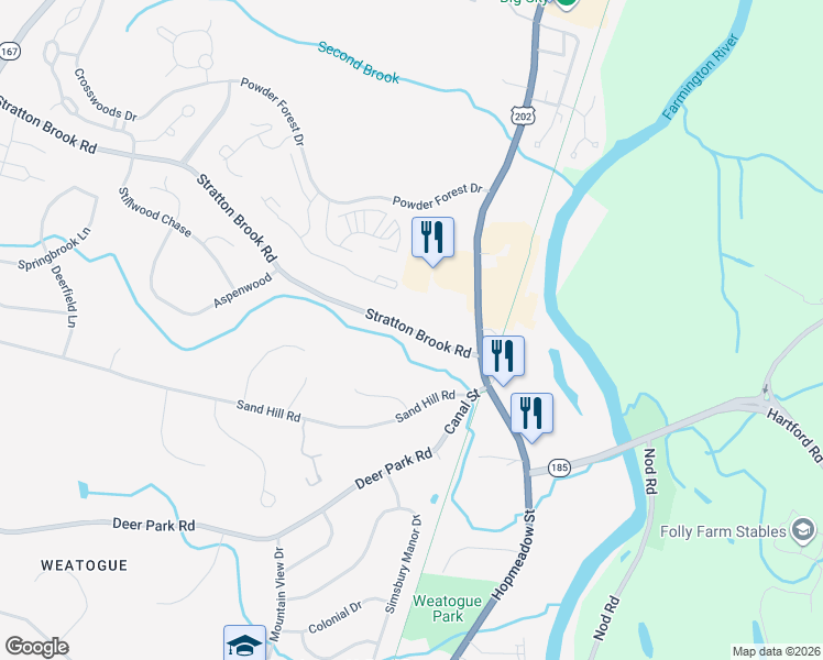map of restaurants, bars, coffee shops, grocery stores, and more near 20 Stratton Brook Road in Simsbury