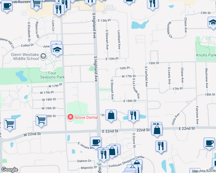 map of restaurants, bars, coffee shops, grocery stores, and more near 1S561 South Stewart Avenue in Lombard