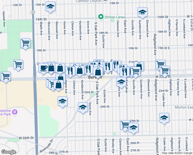 map of restaurants, bars, coffee shops, grocery stores, and more near 6801 Cermak Road in Berwyn