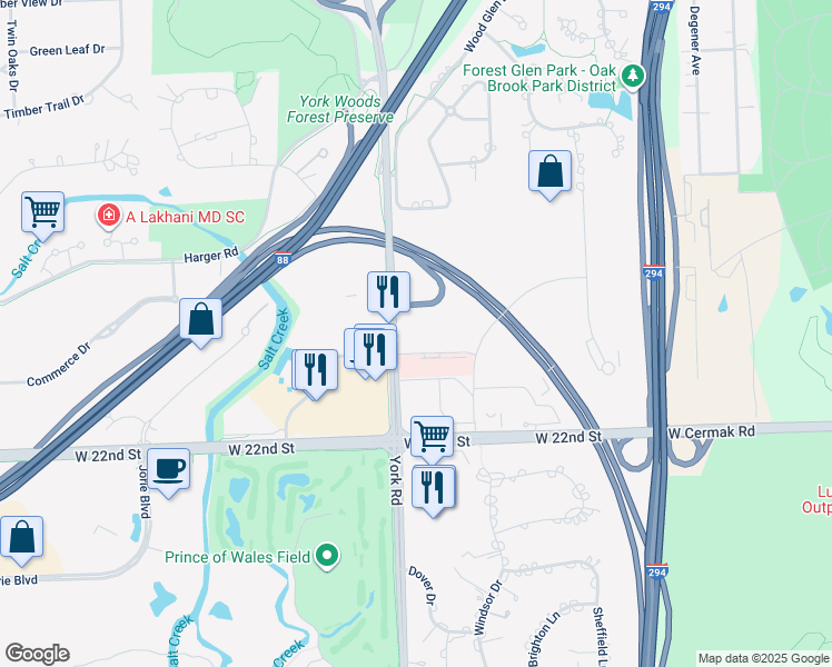 map of restaurants, bars, coffee shops, grocery stores, and more near 2001 York Road in Oak Brook