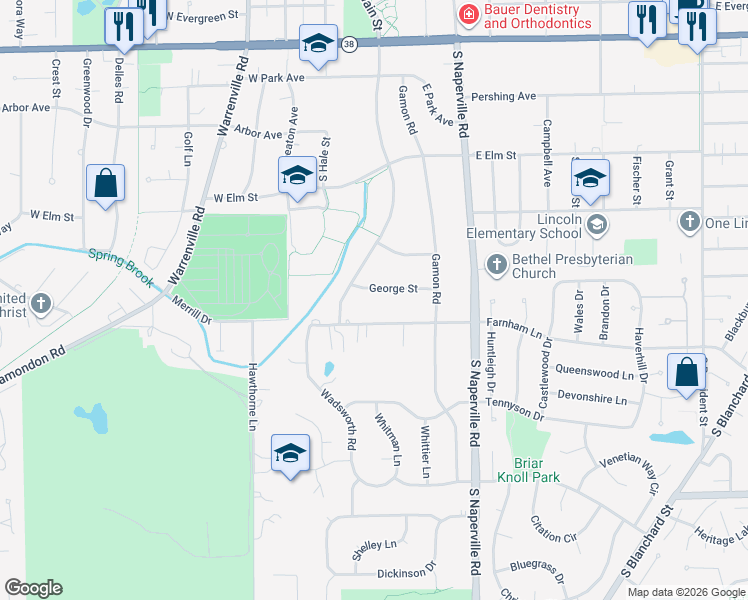 map of restaurants, bars, coffee shops, grocery stores, and more near 113 East Farnham Lane in Wheaton