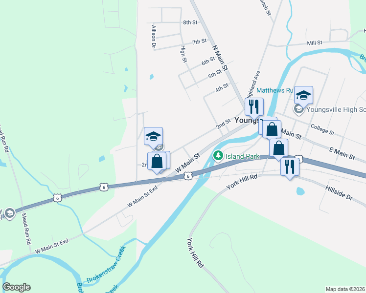 map of restaurants, bars, coffee shops, grocery stores, and more near 226 2nd Street in Youngsville