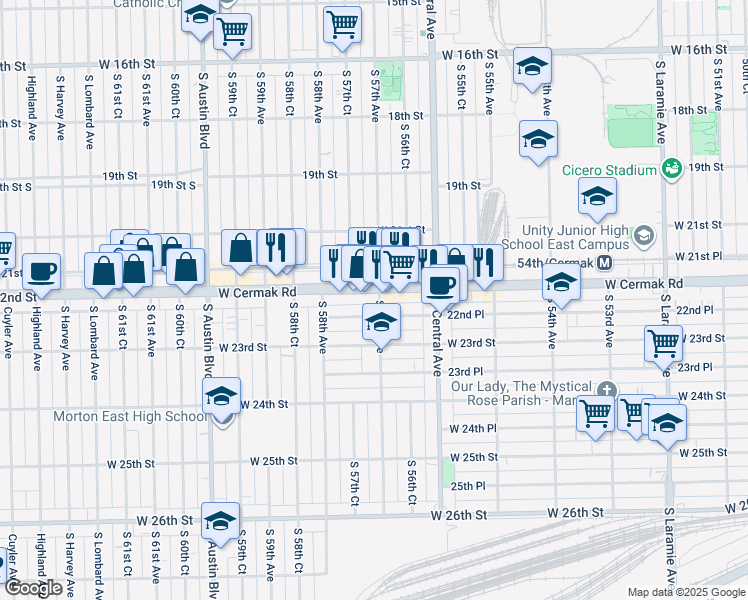 map of restaurants, bars, coffee shops, grocery stores, and more near 5702 West 22nd Place in Cicero