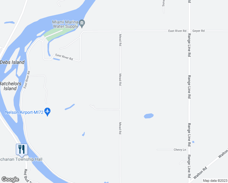 map of restaurants, bars, coffee shops, grocery stores, and more near 14860 Mead Road in Buchanan