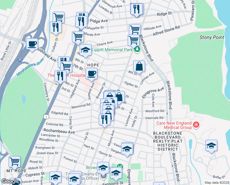 map of restaurants, bars, coffee shops, grocery stores, and more near in Providence