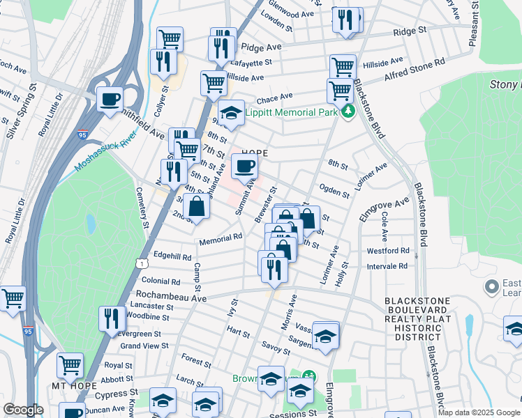 map of restaurants, bars, coffee shops, grocery stores, and more near 133 4th Street in Providence