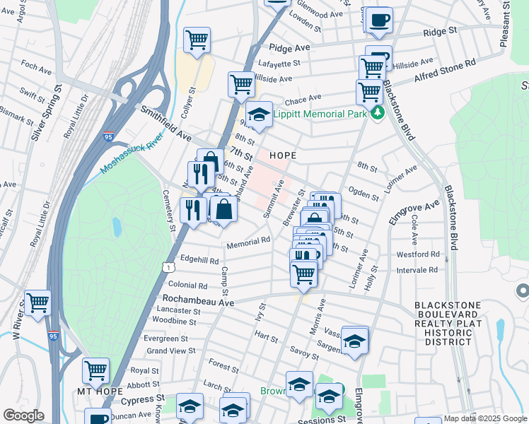 map of restaurants, bars, coffee shops, grocery stores, and more near 100 3rd Street in Providence