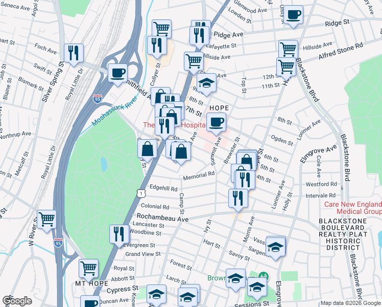 map of restaurants, bars, coffee shops, grocery stores, and more near 65 3rd Street in Providence