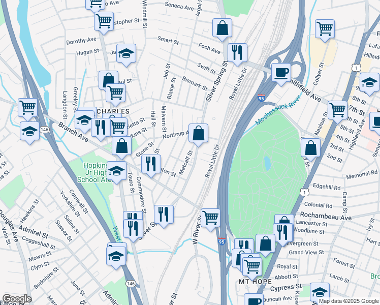 map of restaurants, bars, coffee shops, grocery stores, and more near in Providence