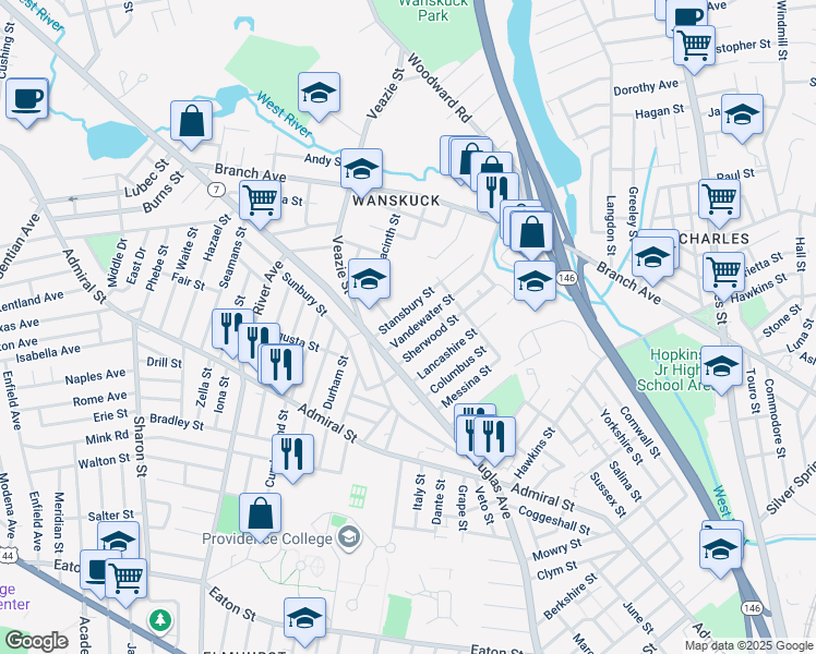 map of restaurants, bars, coffee shops, grocery stores, and more near 9 Vandewater Street in Providence