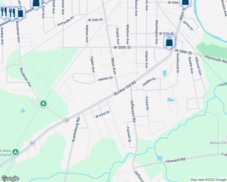 map of restaurants, bars, coffee shops, grocery stores, and more near 1020 Bunker Hill Road in Ashtabula