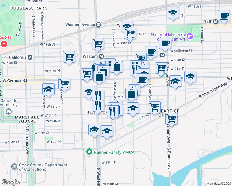 map of restaurants, bars, coffee shops, grocery stores, and more near 2245 West 23rd Street in Chicago
