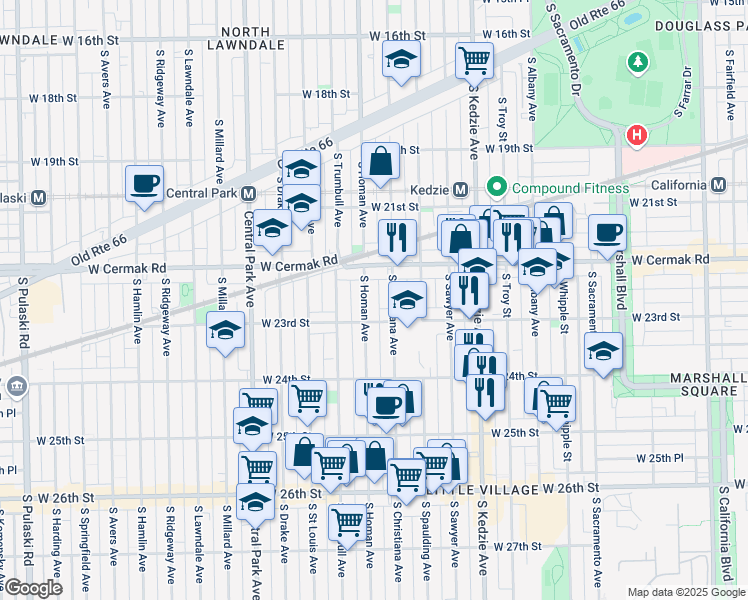 map of restaurants, bars, coffee shops, grocery stores, and more near 3350 West 23rd Street in Chicago