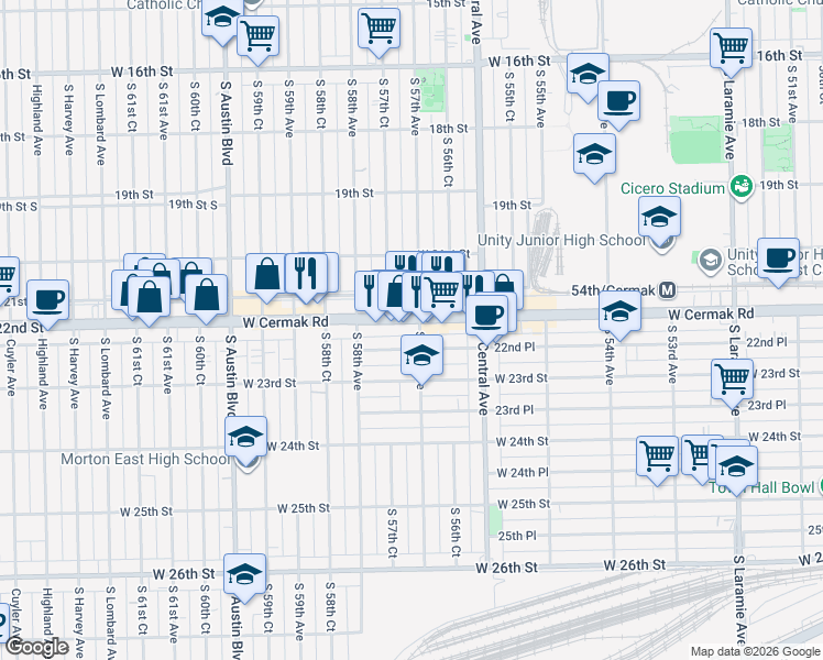 map of restaurants, bars, coffee shops, grocery stores, and more near 5702 West 22nd Place in Cicero