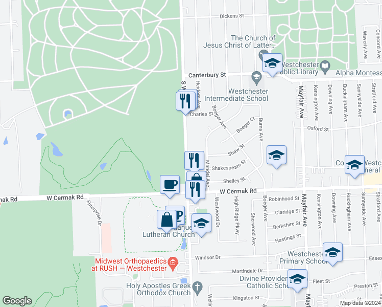 map of restaurants, bars, coffee shops, grocery stores, and more near 2099 South Wolf Road in Hillside