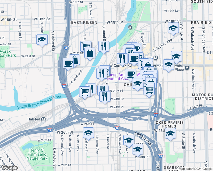 map of restaurants, bars, coffee shops, grocery stores, and more near 2310 South Canal Street in Chicago