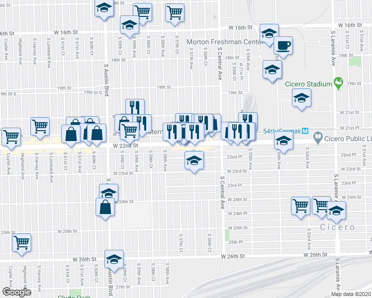 map of restaurants, bars, coffee shops, grocery stores, and more near 5711 W Cermak Rd in Cicero