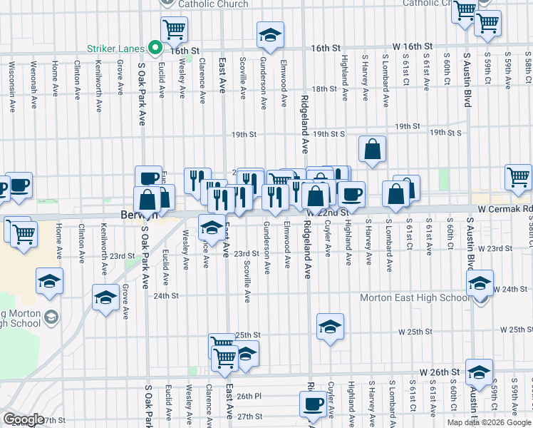 map of restaurants, bars, coffee shops, grocery stores, and more near Cermak Road & Gunderson Avenue in Berwyn