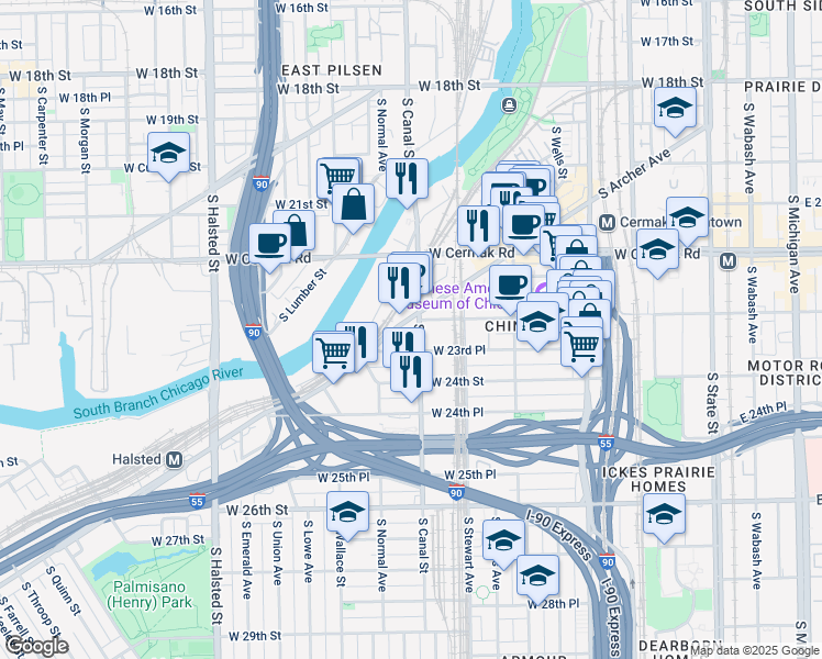 map of restaurants, bars, coffee shops, grocery stores, and more near 2310 South Canal Street in Chicago