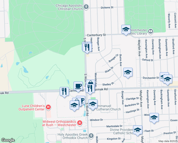 map of restaurants, bars, coffee shops, grocery stores, and more near 1919 South Wolf Road in Hillside