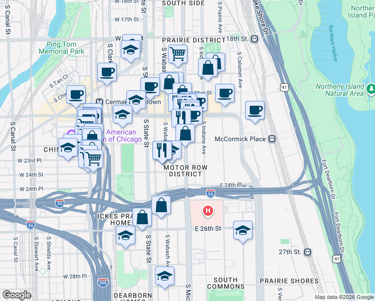map of restaurants, bars, coffee shops, grocery stores, and more near 2315 Michigan Avenue in Chicago