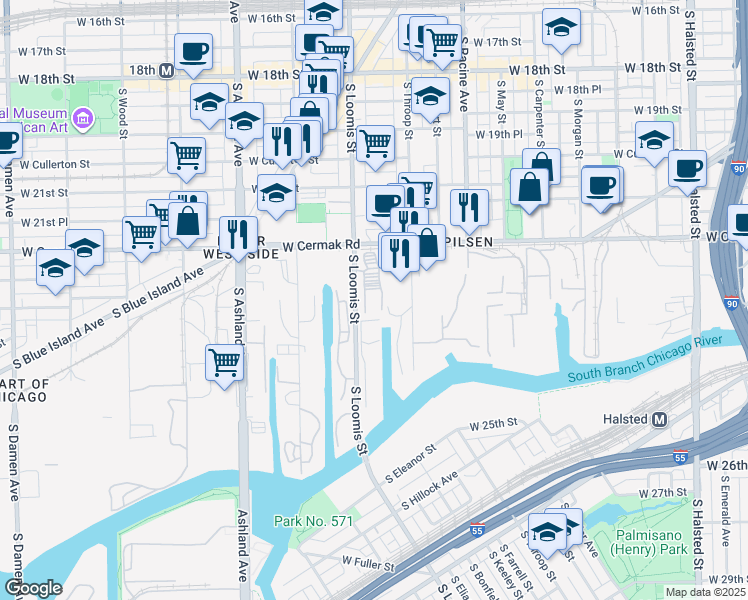 map of restaurants, bars, coffee shops, grocery stores, and more near 2241 South Loomis Street in Chicago