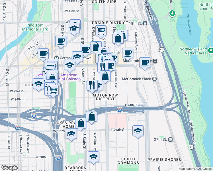 map of restaurants, bars, coffee shops, grocery stores, and more near 2315 Michigan Avenue in Chicago