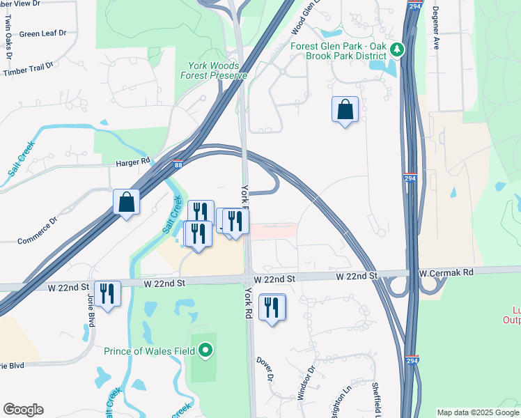 map of restaurants, bars, coffee shops, grocery stores, and more near 2001 York Road in Oak Brook