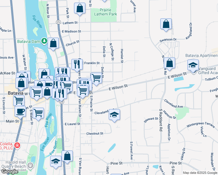 map of restaurants, bars, coffee shops, grocery stores, and more near 521 East Wilson Street in Batavia