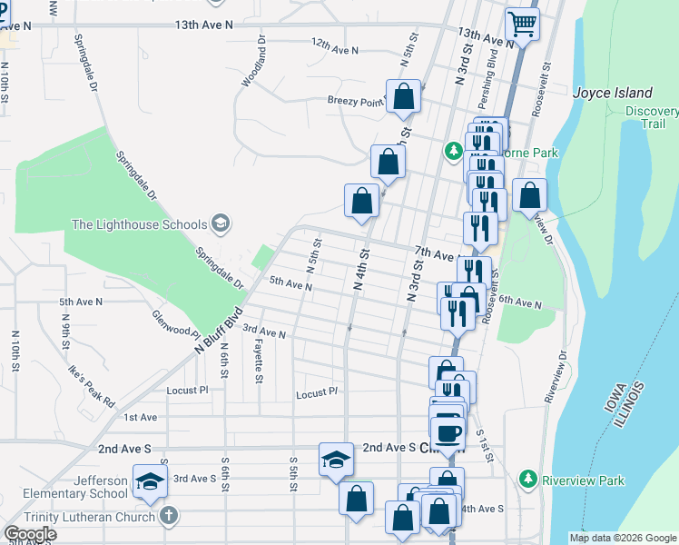 map of restaurants, bars, coffee shops, grocery stores, and more near 414 5th Avenue North in Clinton