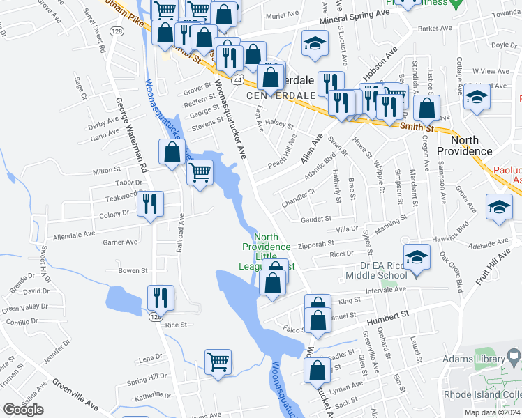 map of restaurants, bars, coffee shops, grocery stores, and more near 461 Woonasquatucket Avenue in North Providence