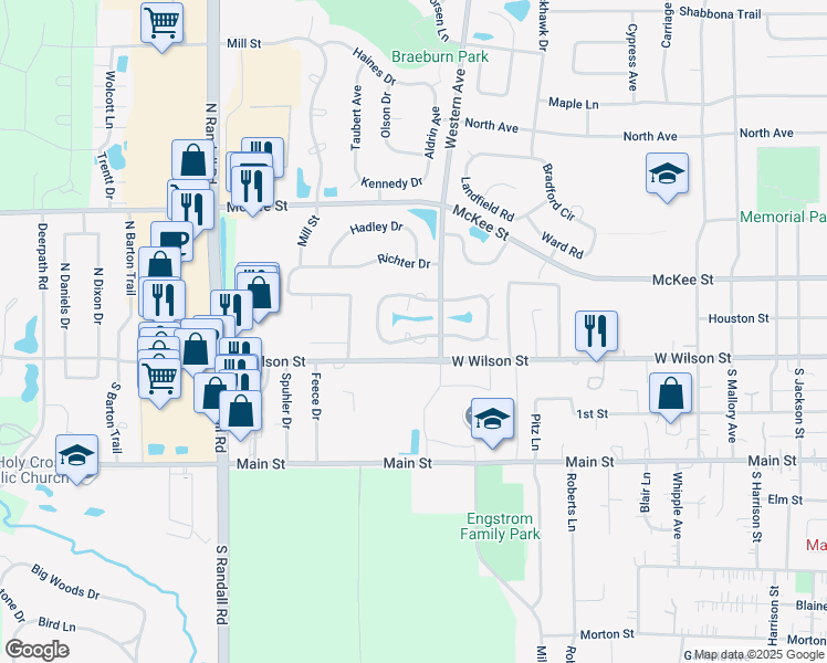 map of restaurants, bars, coffee shops, grocery stores, and more near 1400 Georgetown Drive in Batavia