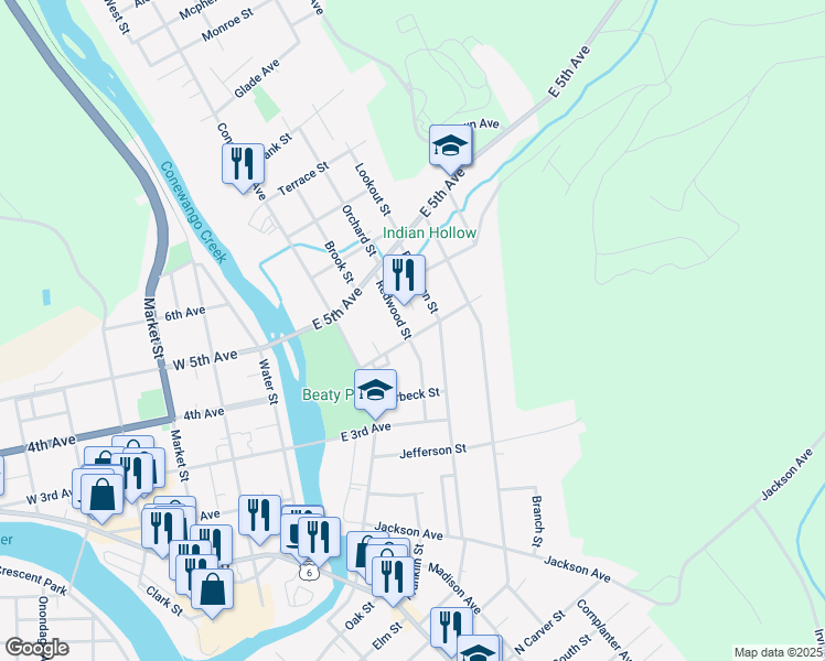 map of restaurants, bars, coffee shops, grocery stores, and more near 103 Division Street in Warren