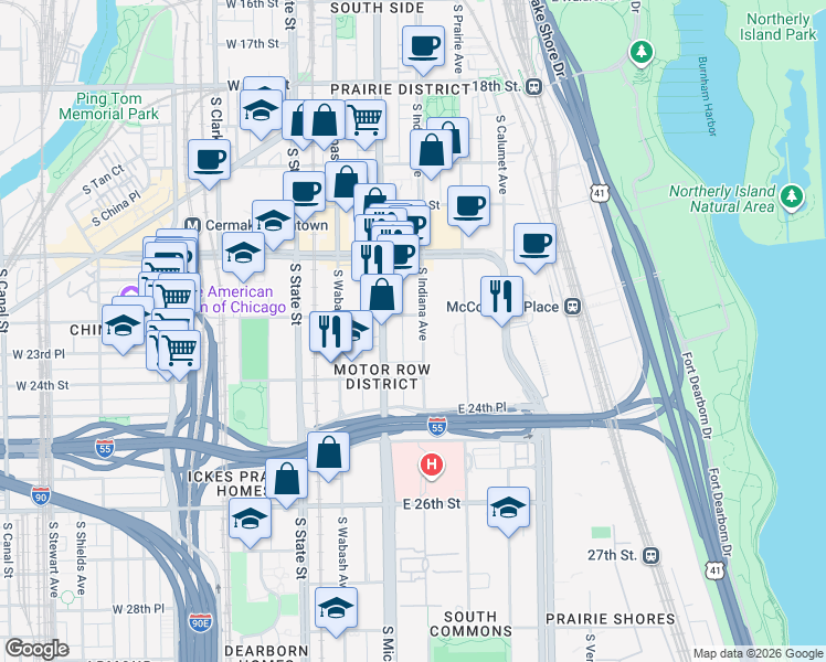 map of restaurants, bars, coffee shops, grocery stores, and more near 2334 South Indiana Avenue in Chicago