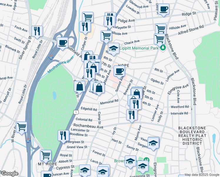 map of restaurants, bars, coffee shops, grocery stores, and more near 65 3rd Street in Providence
