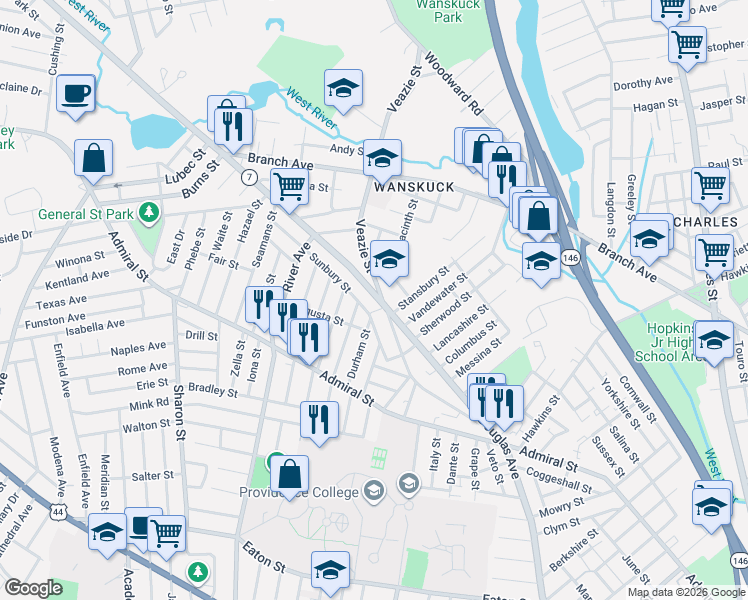 map of restaurants, bars, coffee shops, grocery stores, and more near 800 Douglas Avenue in Providence