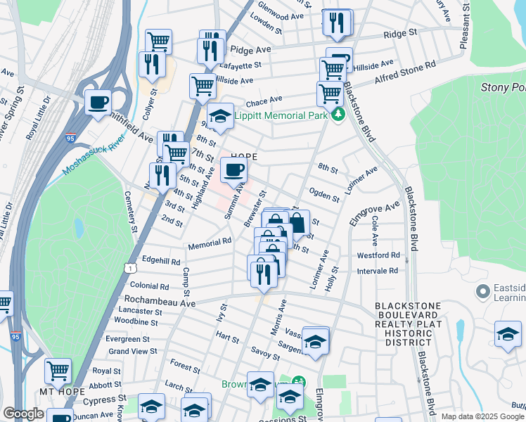map of restaurants, bars, coffee shops, grocery stores, and more near 165 5th Street in Providence