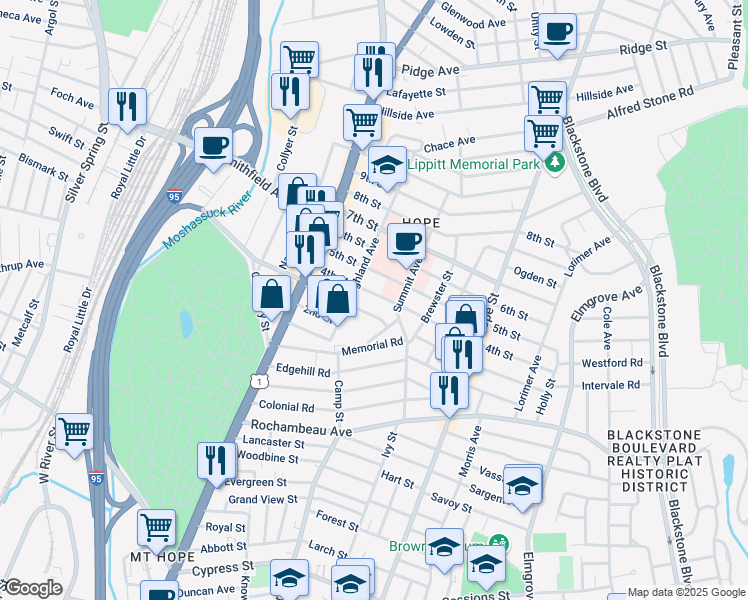 map of restaurants, bars, coffee shops, grocery stores, and more near 65 3rd Street in Providence