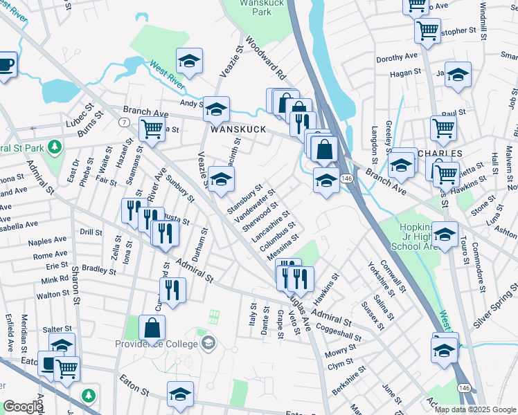 map of restaurants, bars, coffee shops, grocery stores, and more near 41 Sherwood Street in Providence