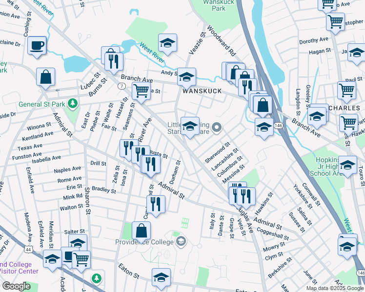 map of restaurants, bars, coffee shops, grocery stores, and more near 69 Sunbury Street in Providence