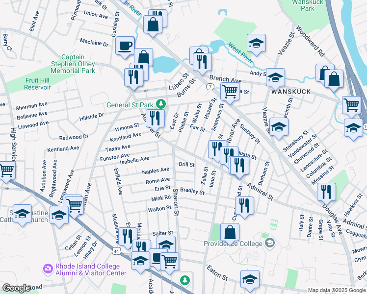 map of restaurants, bars, coffee shops, grocery stores, and more near 27 Badger Road in Providence