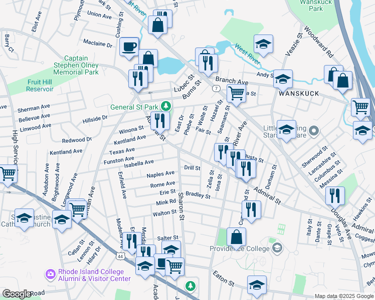 map of restaurants, bars, coffee shops, grocery stores, and more near 27 Badger Road in Providence
